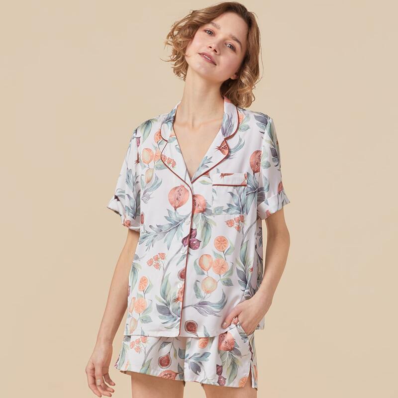 

Flap Pocket Fruit & Plants Print Night Set, Multicolor