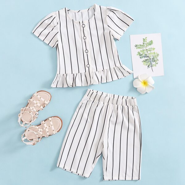 

Toddler Girls Striped Print Button Front Blouse With Shorts, White