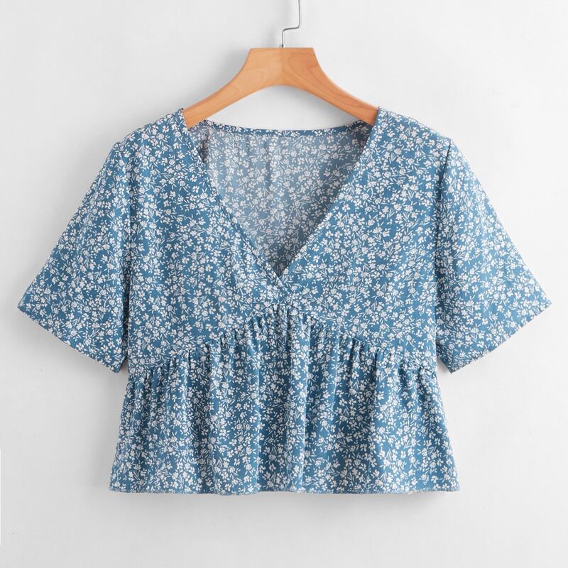 

Ditsy Floral Peplum Blouse, Blue and white