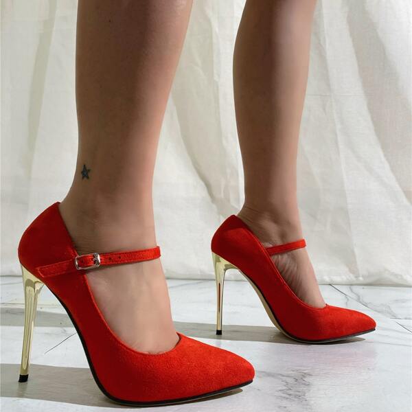 

Point Toe Suede High Heeled Mary Jane Pumps, Red