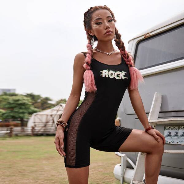 

Letter Graphic Mesh Panel Tank Romper, Black