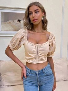 SHEIN Unity 素色拉鏈短版上衣 - 米色 - 查看 3