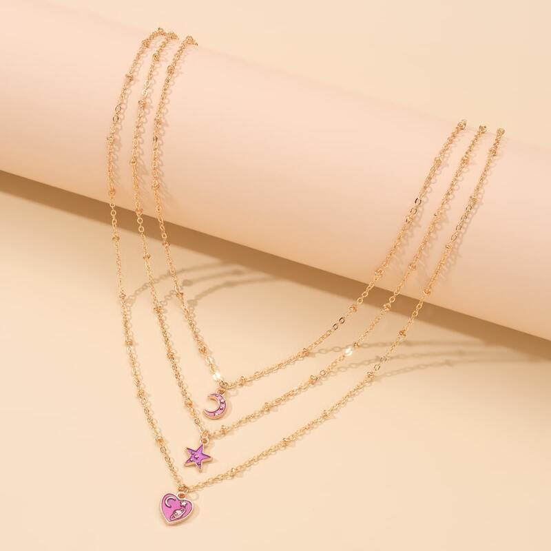 

3pcs Star & Moon Pendant Necklace, Gold