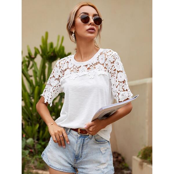

Solid Contrast Lace Yoke Top, White