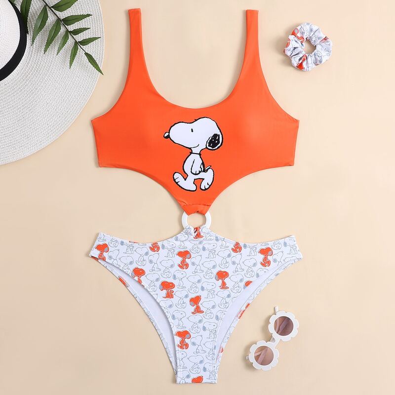

Cartoon Print Cut-out One Piece Swimsuit With Scrunchie, Multicolor