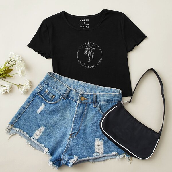 

Plants & Slogan Graphic Lettuce Trim Tee, Black