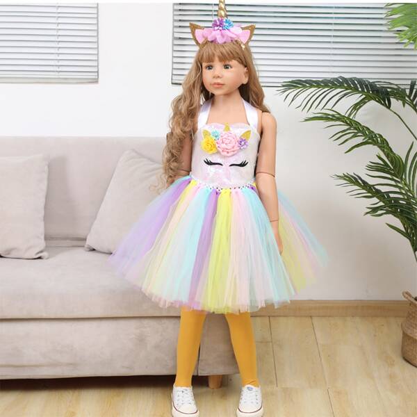

Toddler Girls Floral Appliques Colorblock Tutu Dress With Headband, Multicolor