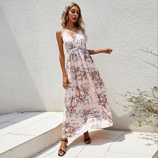 

Floral Backless Halter Neck Dress, Multicolor