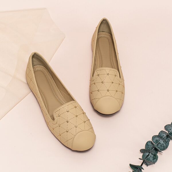 

Studded Decor Quilted Ballet Flats, Apricot