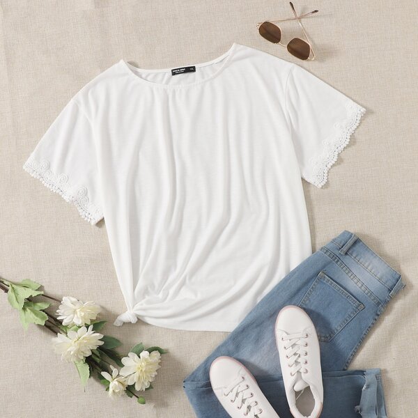 

Plus Contrast Lace Cuff Tee, White
