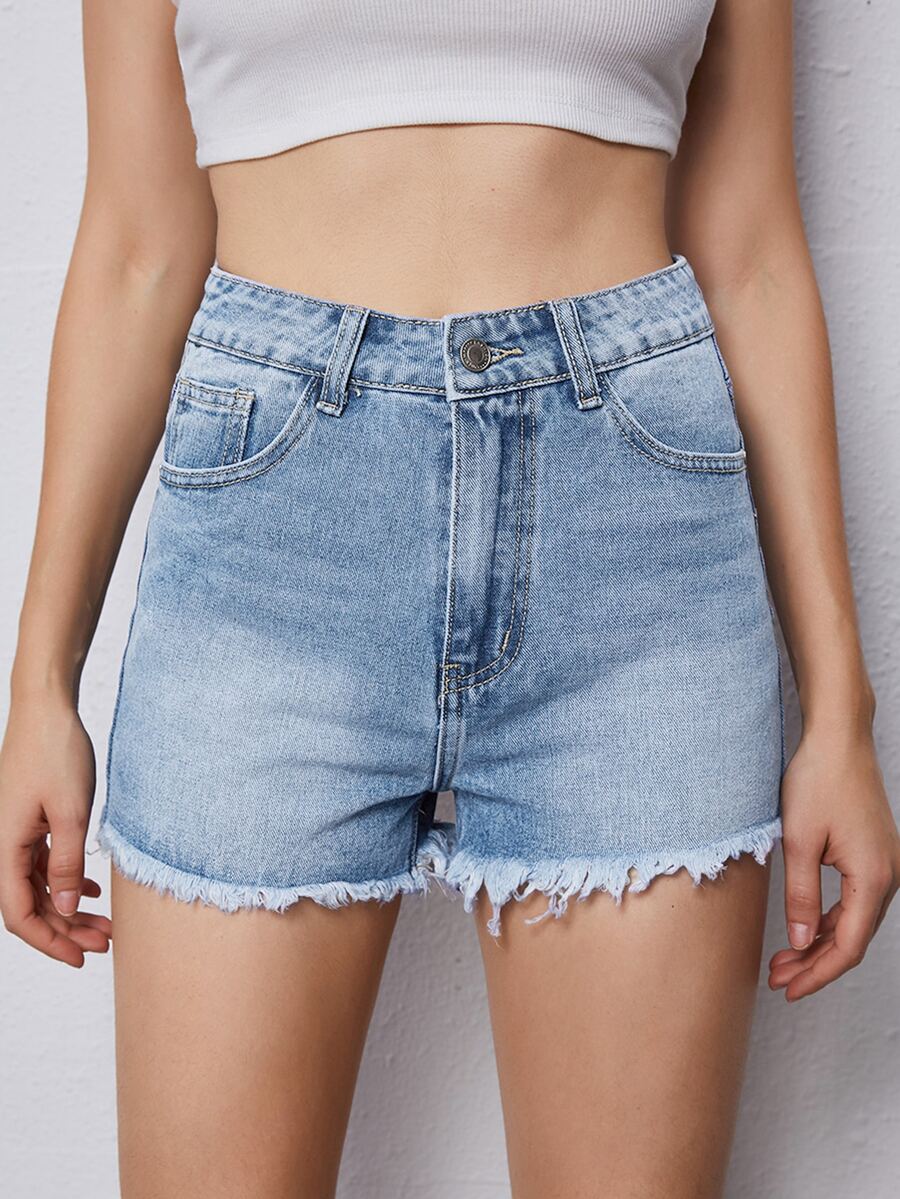 Quần short Denim Nút màu trơn - Rửa nhẹ - Xem 1