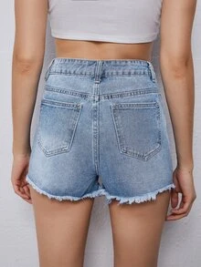 Quần short Denim Nút màu trơn - Rửa nhẹ - Xem 2