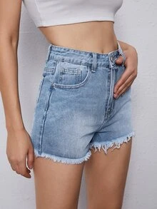 Quần short Denim Nút màu trơn - Rửa nhẹ - Xem 3