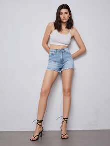 Quần short Denim Nút màu trơn - Rửa nhẹ - Xem 4