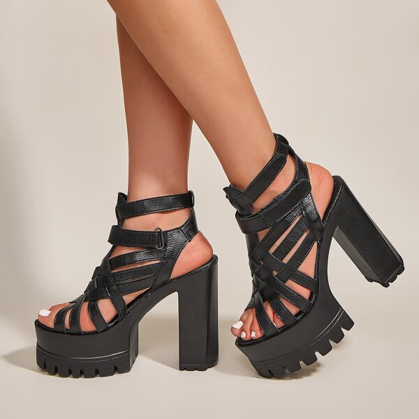 

Cross Strap Platform Chunky Sandals, Black