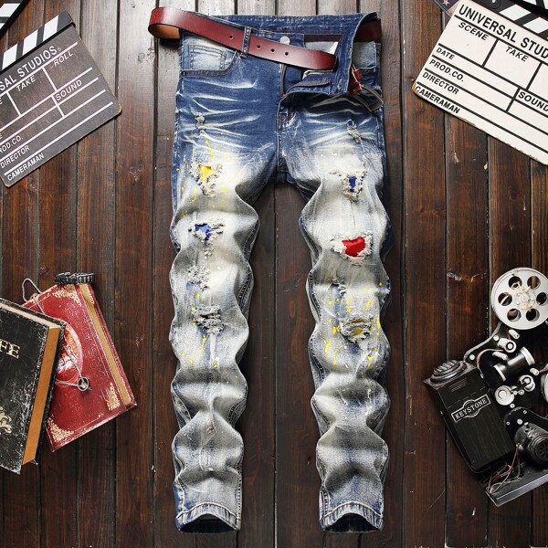

Men Splatter Print Ripped Jeans Without Belt, Multicolor