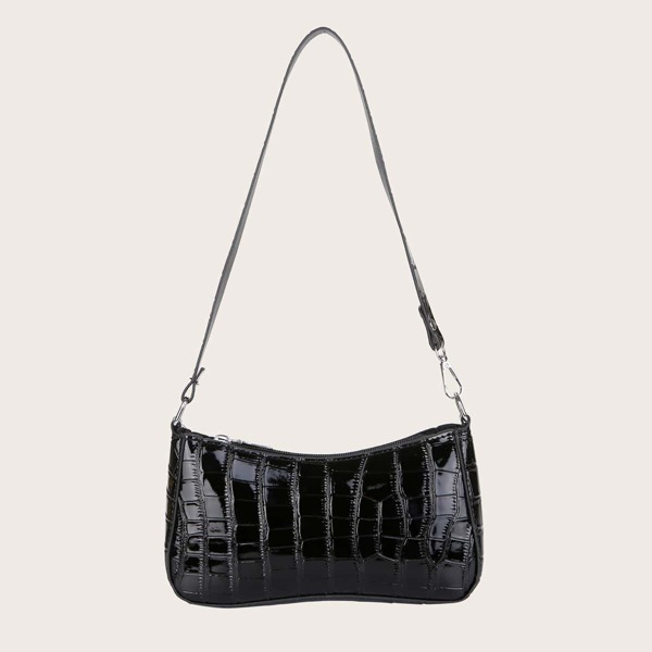 

Minimalist Croc Embossed Baguette Bag, Black