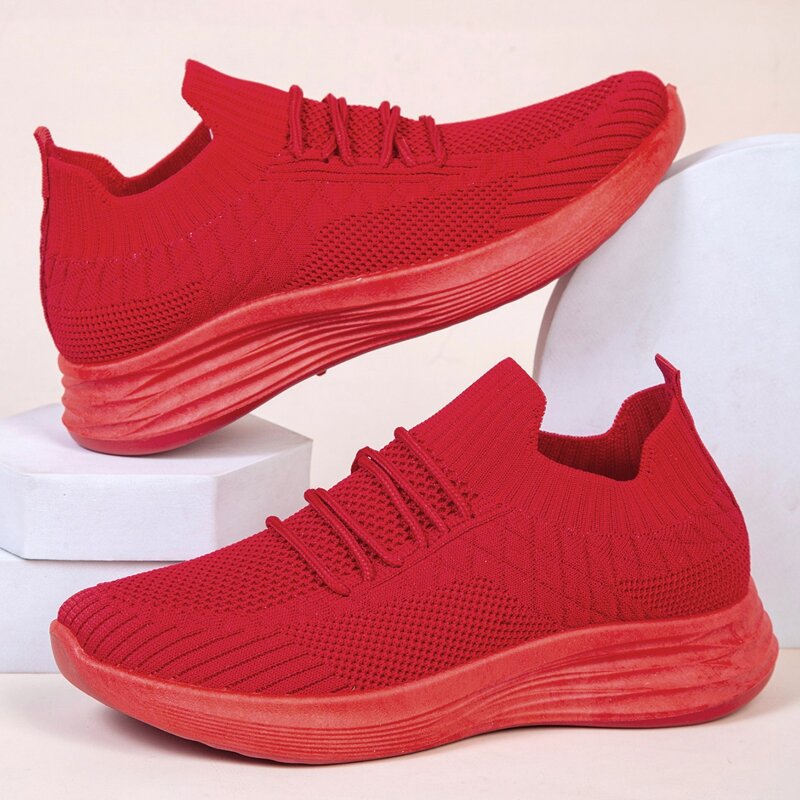

Lace Up Decor Knit Sneakers, Red
