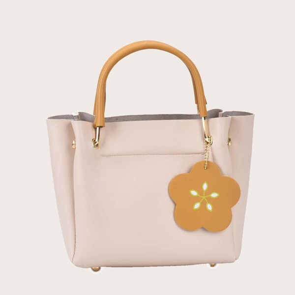 

Double Handle Satchel Bag With Bag Charm, Beige