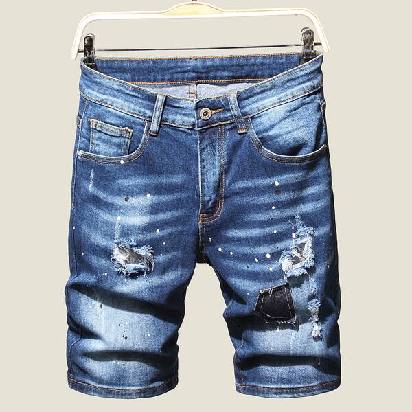 

Men Splash Print Ripped Denim Shorts, Medium wash