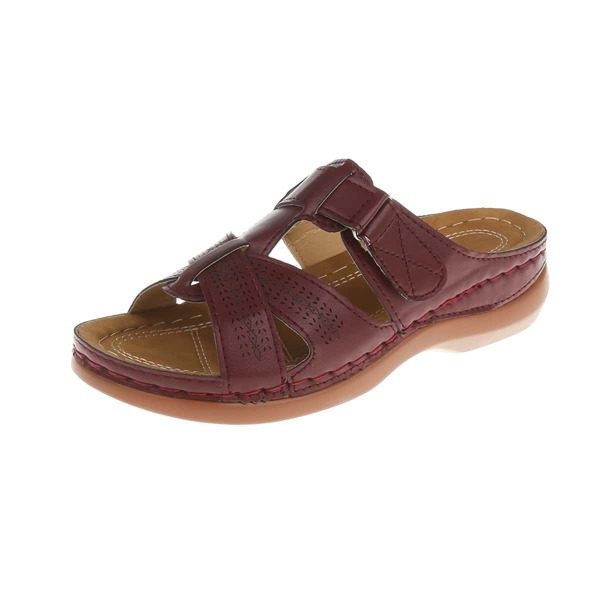 

Perforated Detail Velcro Strap Slide Sandals, Burgundy