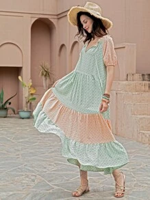 Rusttydustty 滿版圖案拼色泡泡袖娃娃裙不附帶腰帶 - 彩色 - 查看 1