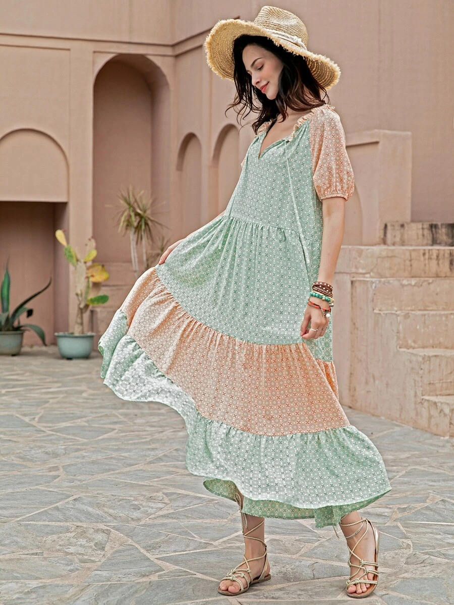 Rusttydustty 滿版圖案拼色泡泡袖娃娃裙不附帶腰帶 - 彩色 - 查看 1