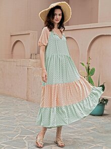 Rusttydustty 滿版圖案拼色泡泡袖娃娃裙不附帶腰帶 - 彩色 - 查看 4