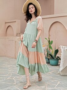 Rusttydustty 滿版圖案拼色泡泡袖娃娃裙不附帶腰帶 - 彩色 - 查看 5