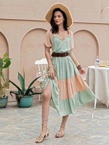 Rusttydustty 滿版圖案拼色泡泡袖娃娃裙不附帶腰帶 - 彩色 - 查看 6