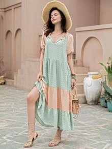 Rusttydustty 滿版圖案拼色泡泡袖娃娃裙不附帶腰帶 - 彩色 - 查看 7