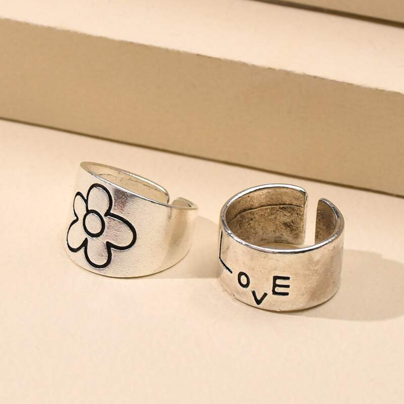 

2pc Letter & Flower Engraved Ring, Antique silver