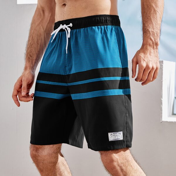 

Men Striped Colorblock Pocket Drawstring Swim Shorts, Multicolor