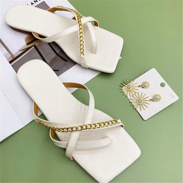 

Chain Decor Cross Strap Thong Sandals, Beige