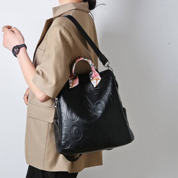 

Scarf Decor Letter Embossed Classic Backpack, Black