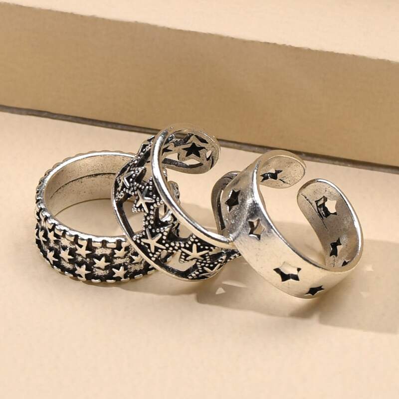

3pcs Star Decor Ring, Antique silver