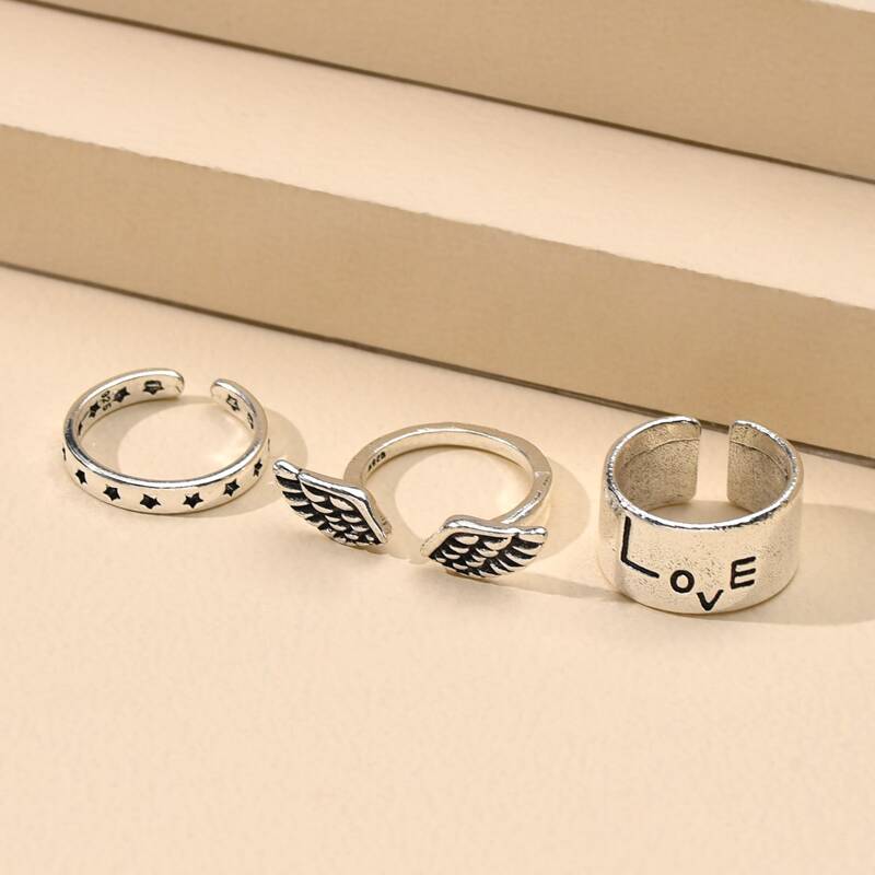 

3pcs Letter & Wing Decor Ring, Antique silver