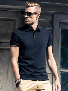 Men Button Detail Polo Shirt - Black - View 1