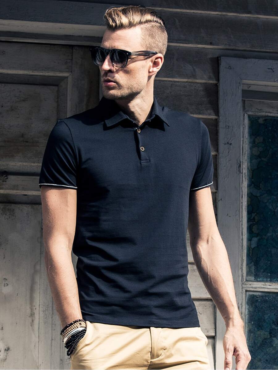 Men Button Detail Polo Shirt - Black - View 1