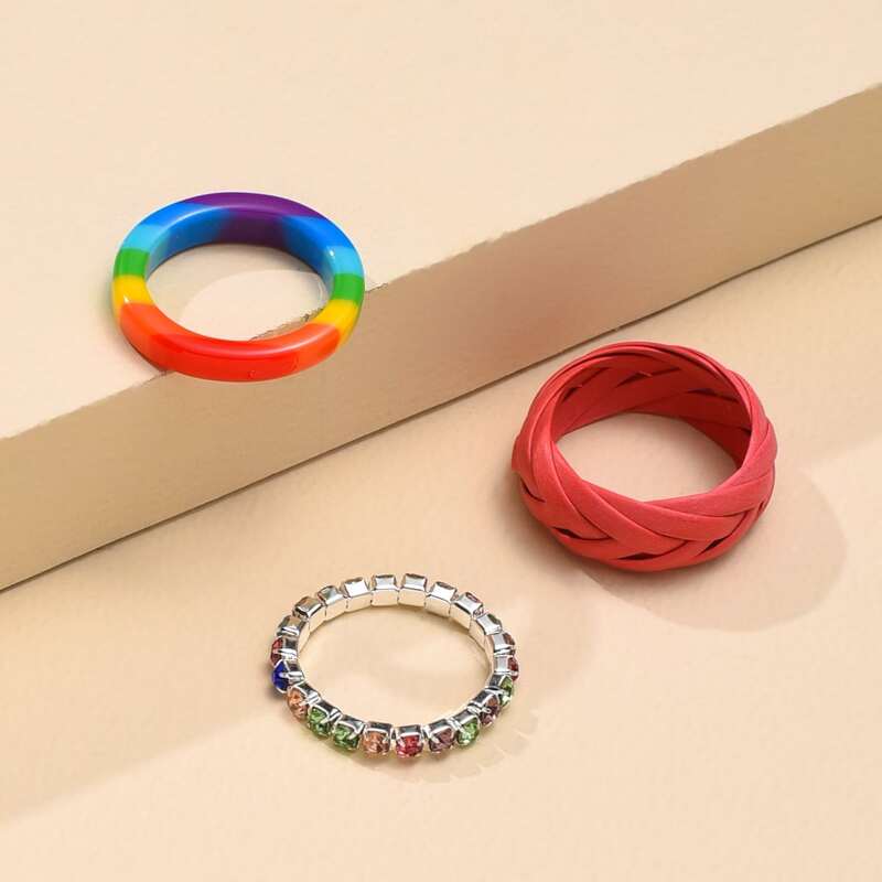 

3pcs Rhinestone Decor Ring, Multicolor