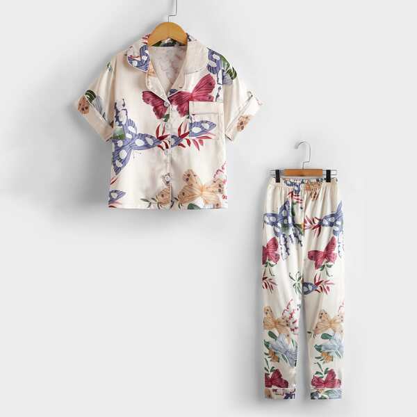 

для девочек Пижама бабочка & с растительным принтом из атласа, Многоцветный