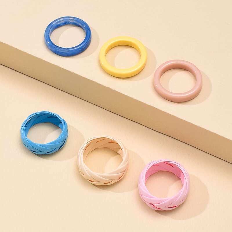 

6pcs Plain Ring Set, Multicolor