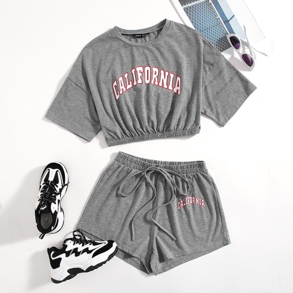 

Letter Graphic Crop Tee & Track Shorts, Dark grey