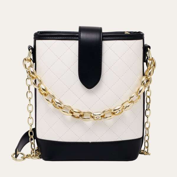 

Quilted Chain Bucket Bag, Black and white