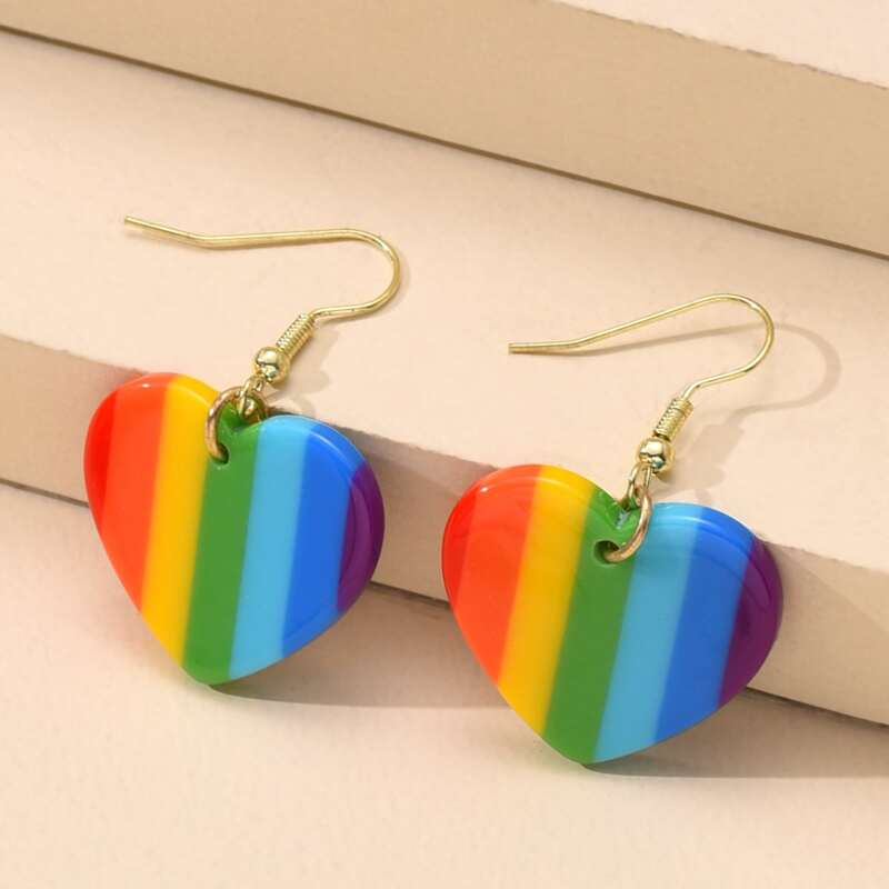 

Rainbow Striped Heart Drop Earrings, Gold