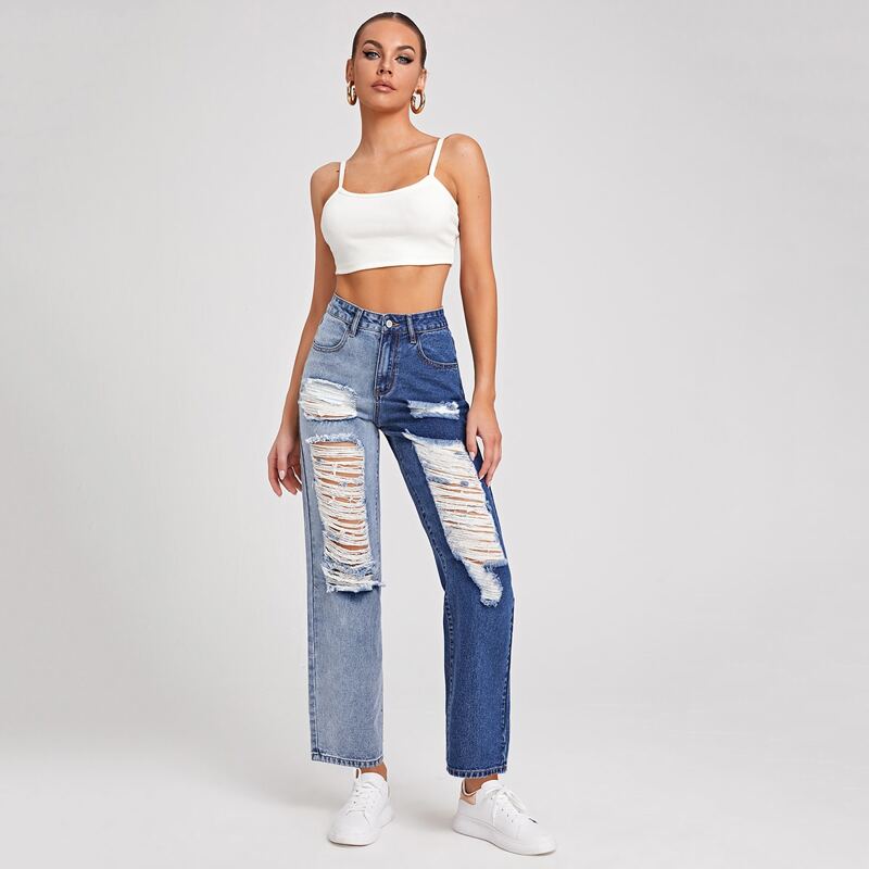

High Waisted Ripped Colorblock Jeans, Medium wash