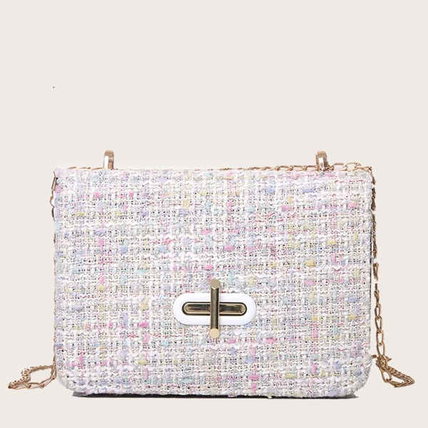 

Turn-lock Tweed Chain Shoulder Bag, Beige