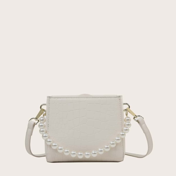 

Croc Embossed Faux Pearl Handle Satchel Bag, Beige