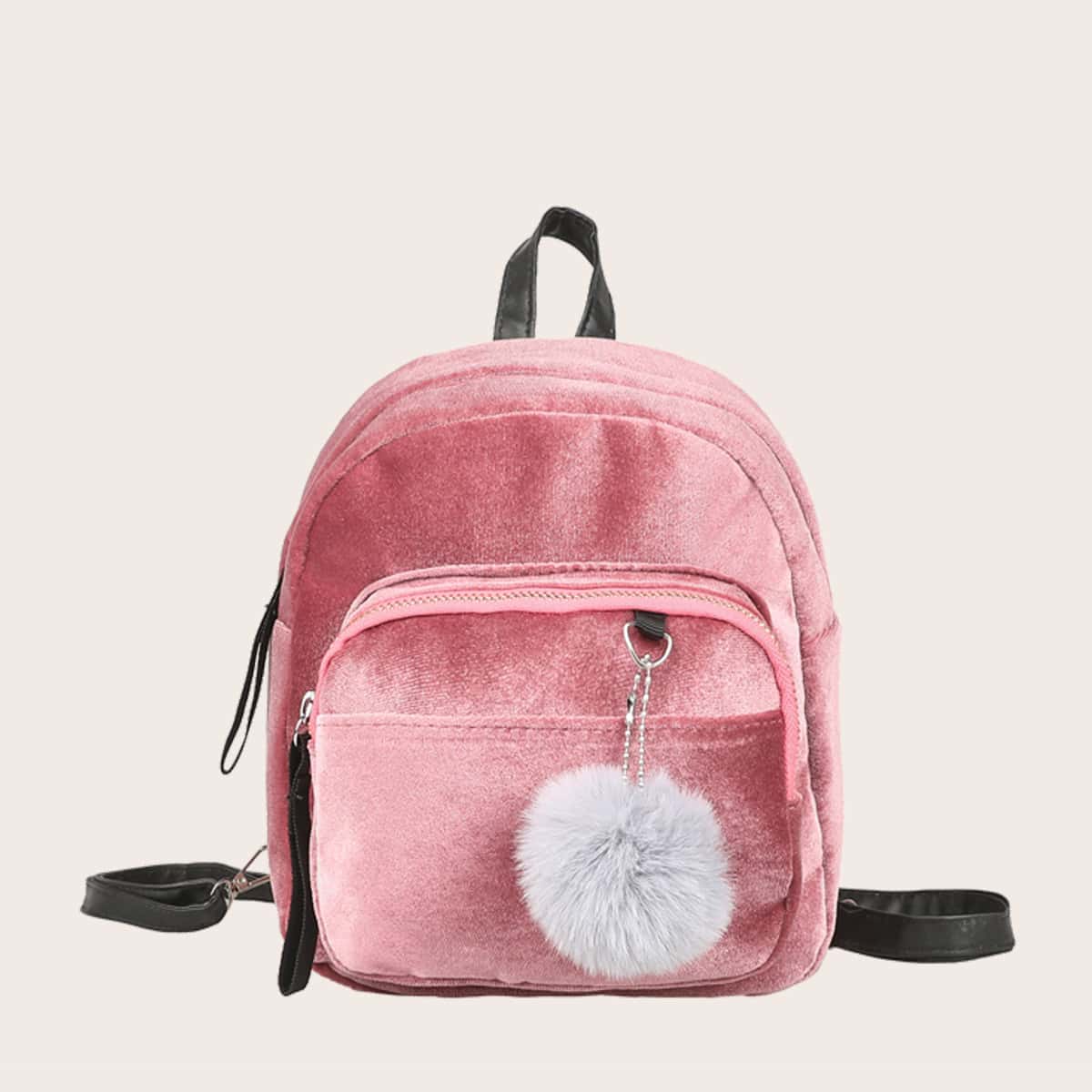 

Pom-pom Charm Velvet Backpack, Pink