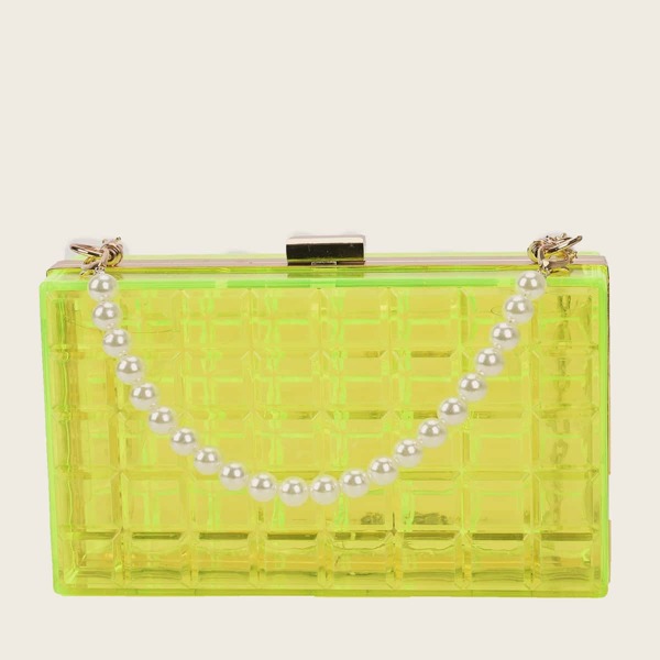 

Clear Neon Lime Faux Pearl Decor Box Bag, Green neon